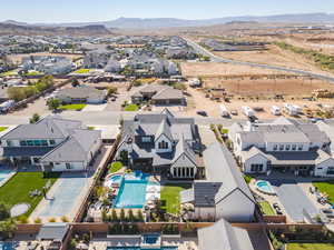 Aerial perspective of suburban area with mountains