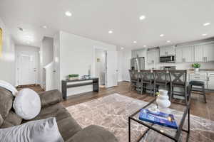 Living area featuring dark wood-style floors and recessed lighting