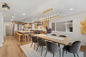 Dining space featuring light wood-style flooring and recessed lighting