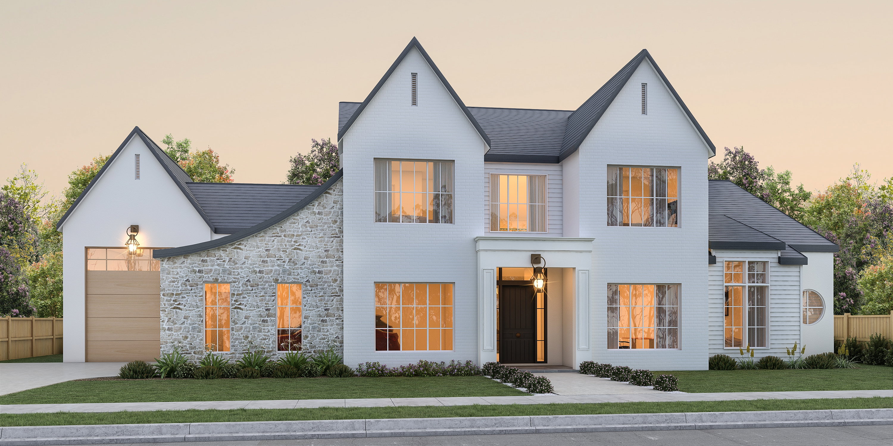 View of front of property with an attached garage, stone siding, driveway, and roof with shingles