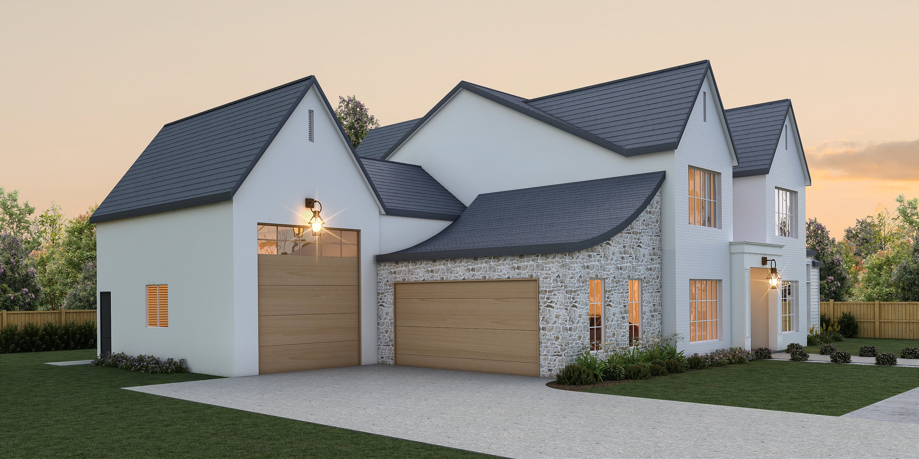View of property exterior featuring stone siding, a garage, stucco siding, and concrete driveway