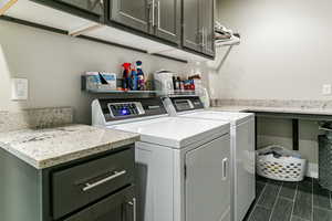 Laundry room with cabinet space, washing machine and clothes dryer, and wood finish floors
