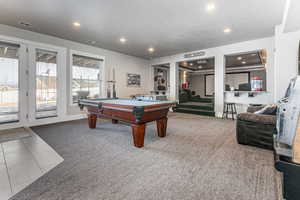 Game room featuring carpet floors, billiards table, and recessed lighting