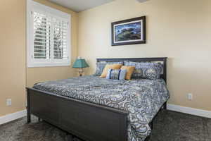 Bedroom with dark colored carpet