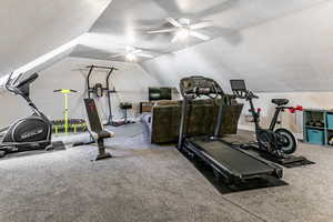 Exercise room with a textured ceiling, carpet floors, and ceiling fan
