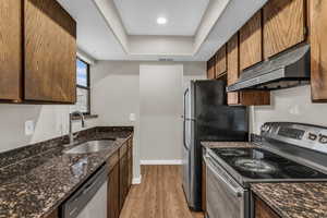 Kitchen with stainless steel appliances, dark stone countertops, light wood-style floors, a raised ceiling, and wood finish cabinetry