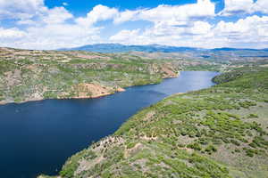 Aerial view of a water and mountain view