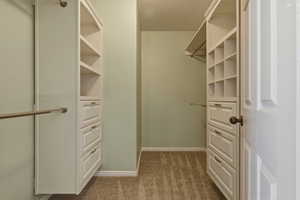 Walk in closet with dark colored carpet