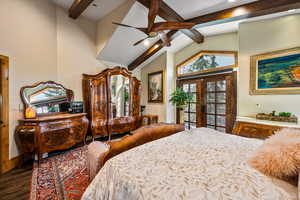 Bedroom with french doors, wood finished floors, ceiling fan, and access to outside