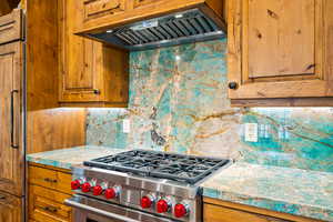 Kitchen with tasteful backsplash, wood finish cabinets, and premium appliances