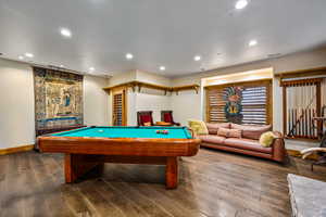 Game room featuring billiards, hardwood / wood-style floors, and recessed lighting