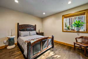 Bedroom featuring dark wood-style floors and recessed lighting