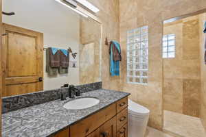 Full bathroom with vanity, a walk in shower, and a skylight