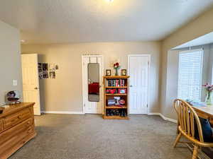 Bedroom featuring carpet and a textured ceiling