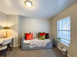 Carpeted bedroom featuring baseboards and a textured ceiling