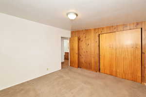 Unfurnished bedroom featuring carpet floors, a closet, and wooden walls
