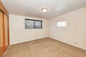 Unfurnished bedroom featuring multiple windows, a closet, and carpet floors
