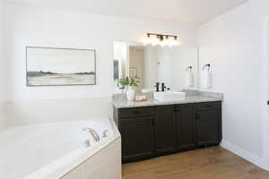 Full bath featuring vanity, light wood finished floors, and a garden tub