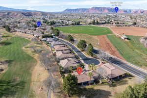 Aerial perspective of suburban area with mountains