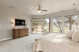 Carpeted bedroom with access to outside and ceiling fan