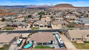 Aerial view of residential area with mountains