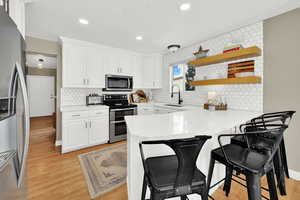 Kitchen with stainless steel appliances, a breakfast bar area, open shelves, a peninsula, and light wood-type flooring