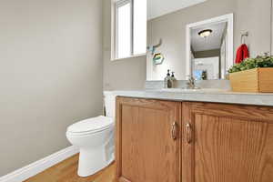 Half bath with vanity and light wood-type flooring