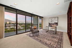 Office featuring expansive windows, a mountain view, light carpet, crown molding, and recessed lighting