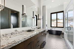 Bathroom with a shower stall, healthy amount of natural light, double vanity, a freestanding tub, and recessed lighting