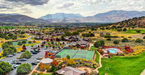 Bird's eye view of a mountainous background