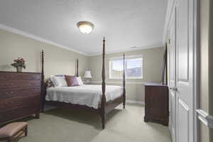 Bedroom featuring crown molding, a textured ceiling, and light colored carpet