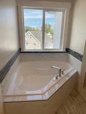 Full bath featuring a bath, healthy amount of natural light, and a mountain view
