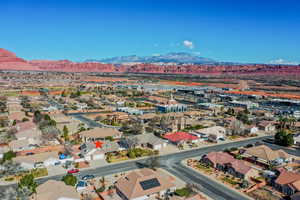 Aerial view of residential area with a mountainous background