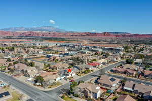 Aerial view of residential area with mountains