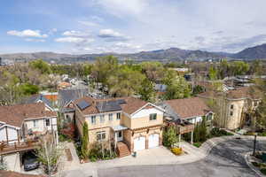 Aerial perspective of suburban area featuring a mountainous background
