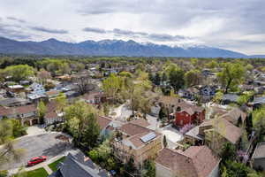 Aerial perspective of suburban area with mountains