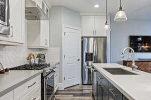 Kitchen featuring stainless steel appliances, two tone color scheme, range hood, dark wood-style flooring, and decorative light fixtures