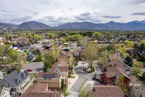 Aerial view of residential area with a mountain backdrop
