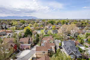Aerial perspective of suburban area featuring mountains