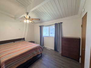 Bedroom with a ceiling fan, dark wood-style floors, and a wood ceiling with exposed beams