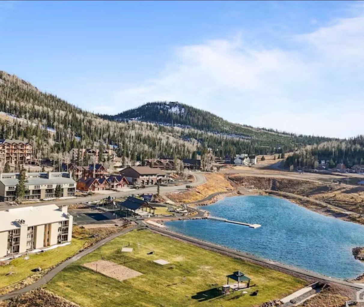 Aerial view of a water and mountain view