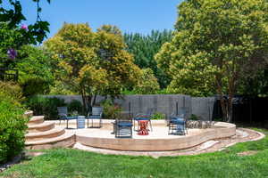 Fenced backyard featuring a deck and a patio