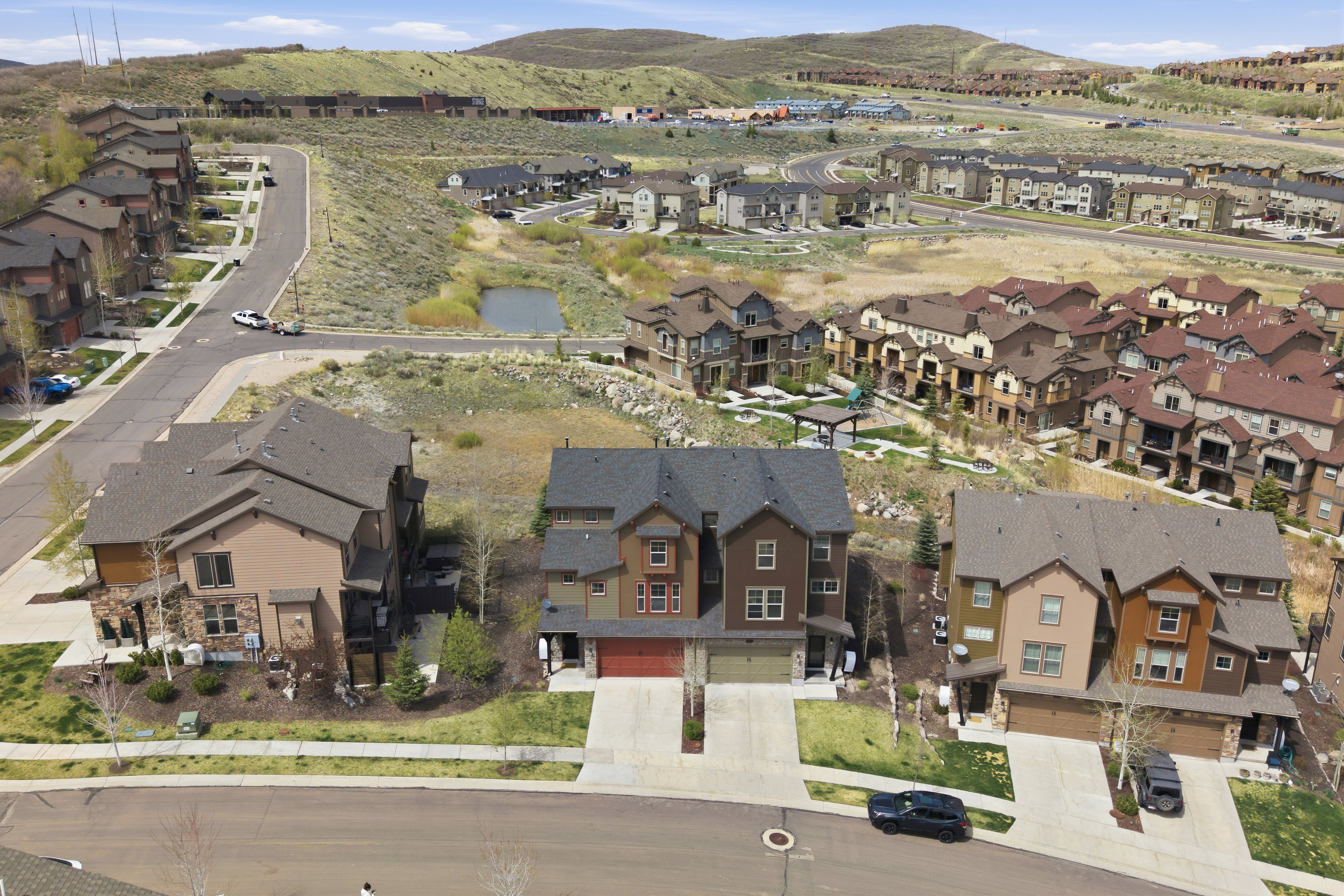 Aerial perspective showcasing a residential area with diverse architectural styles