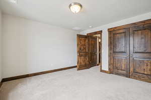 Unfurnished bedroom featuring carpet floors and a closet