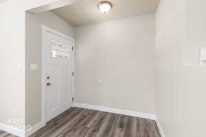 Entryway with dark wood-style flooring and a textured ceiling