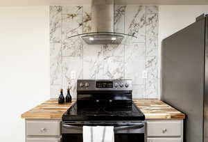 Kitchen with wooden counters, stainless steel appliances, and white cabinetry