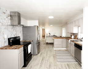 Kitchen with wood counters, black electric range, dishwasher, a peninsula, and light wood-type flooring