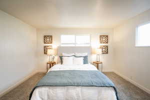 Carpeted bedroom featuring multiple windows