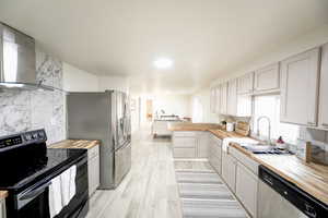 Kitchen featuring stainless steel appliances, a peninsula, butcher block counters, tasteful backsplash, and light wood-style flooring