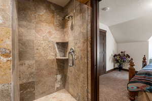 Ensuite bathroom with a stall shower and carpet floors